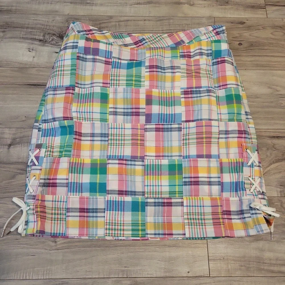 Talbots Sz 10P Madras Plaid Patchwork Cotton Lined Skirt Lace-Up Side Slit